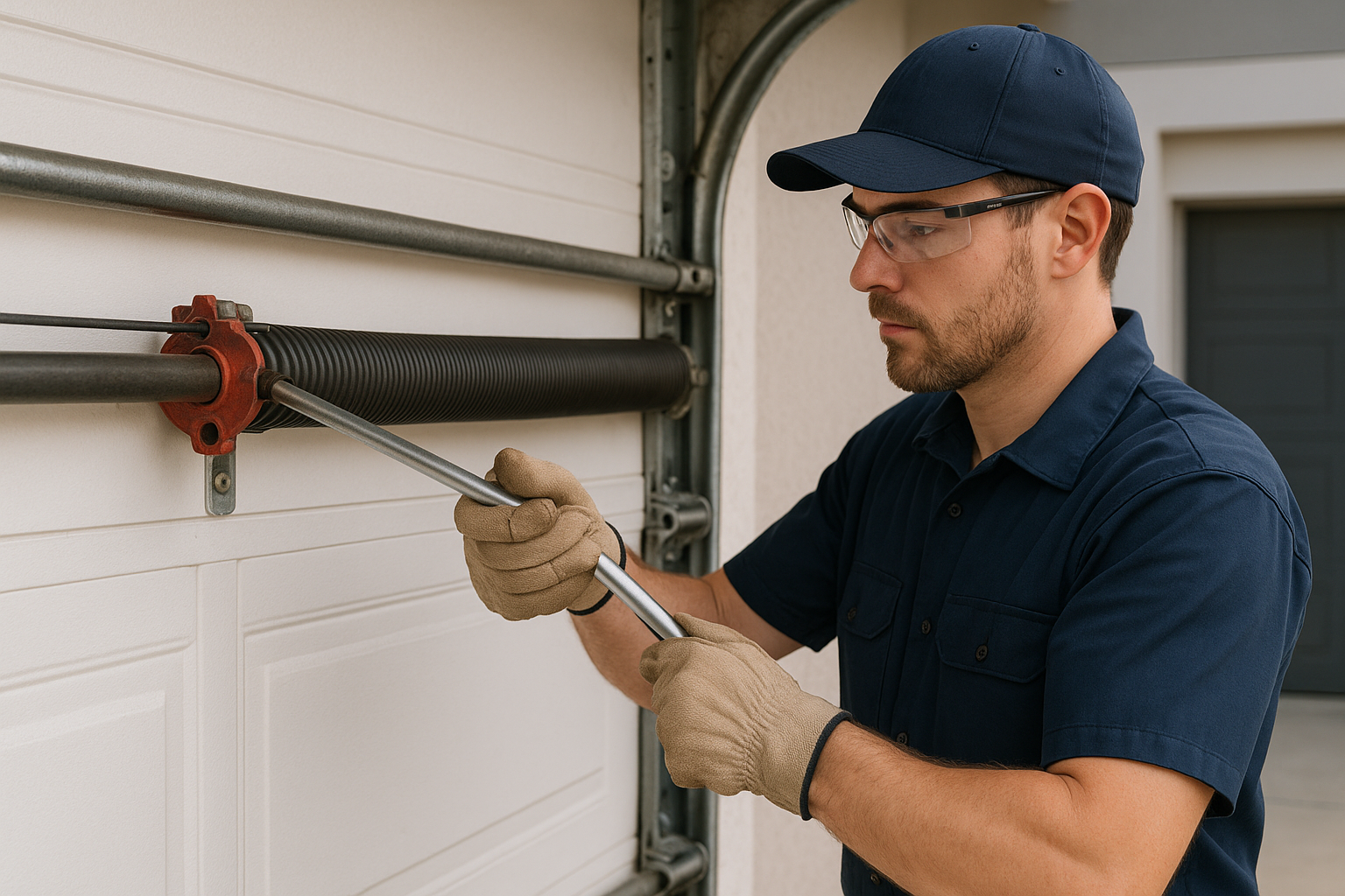 Technician working on garage door spring in San Antonio